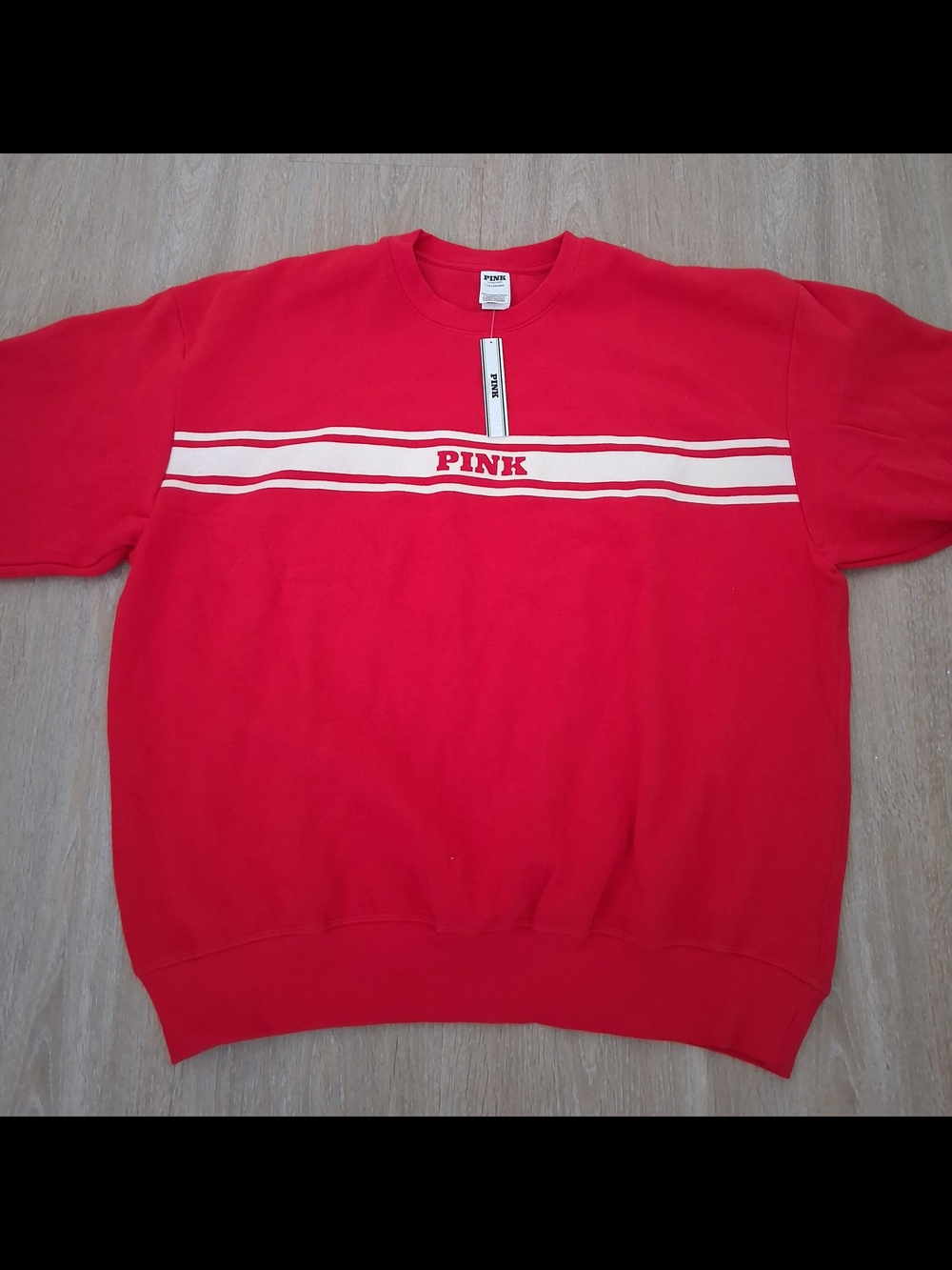 PINK Red Sweatshirt with Cream Stripe Detail - Picture 3 of 7